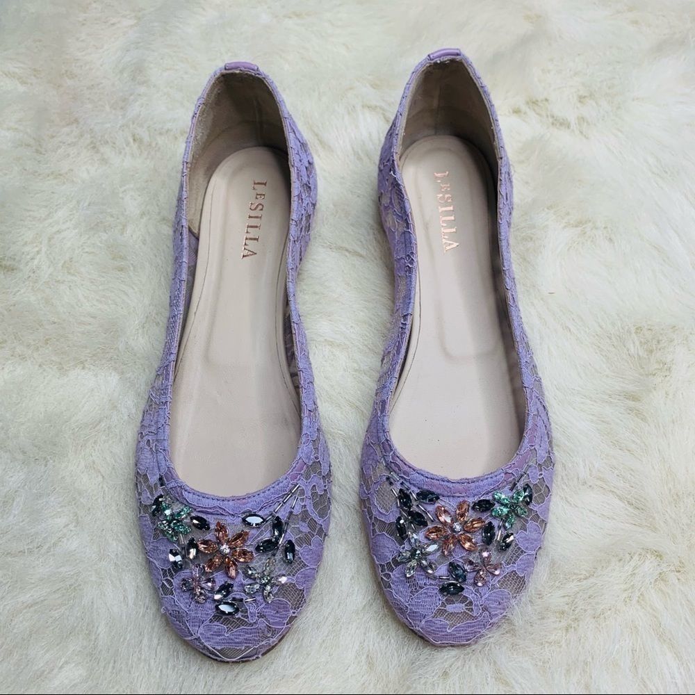 Le SILLA Purple Lace and Crystal Flats sz 41